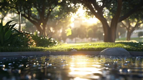 Tranquil Pond with Sunlit Trees