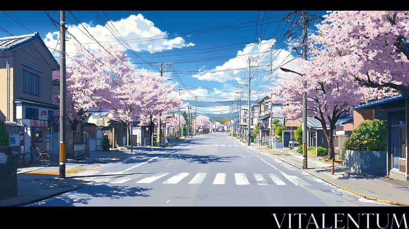 Peaceful Residential Street with Blooming Cherry Trees AI Image