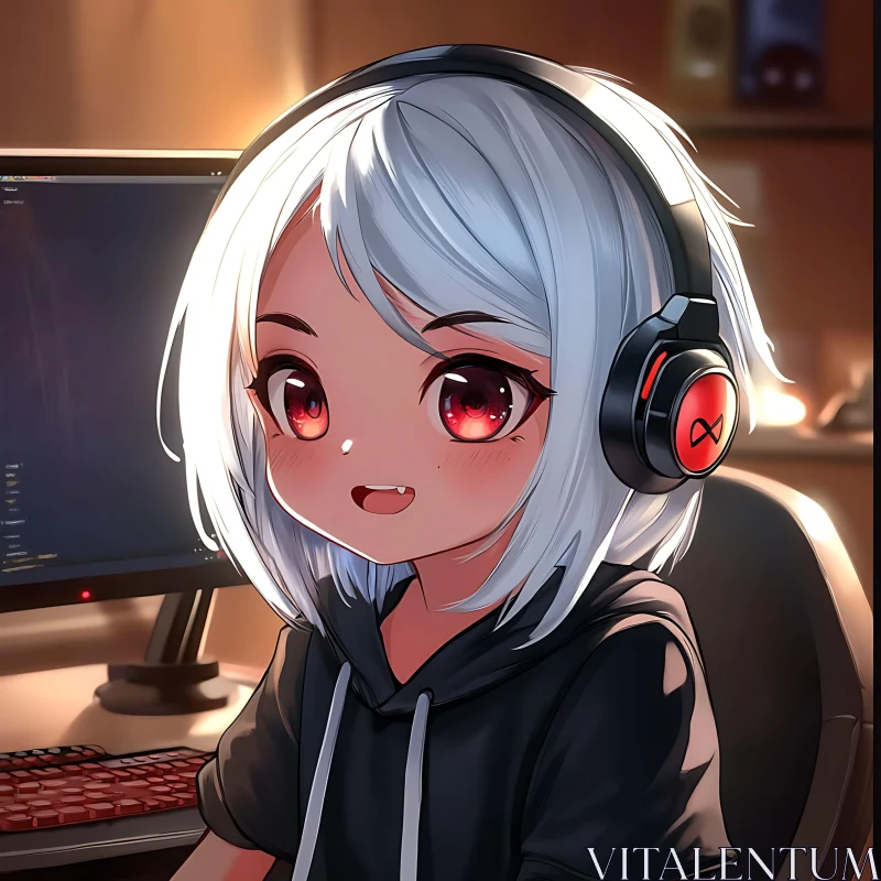 Anime Gamer Girl with White Hair and Red Eyes AI Image