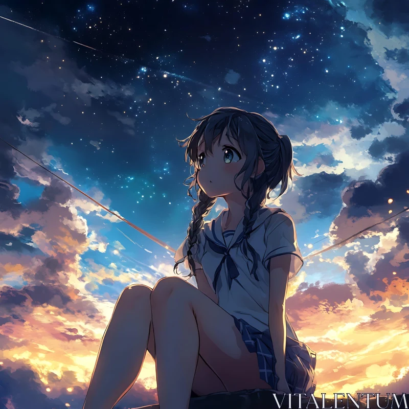 Pensive Anime Girl Under a Starry Sky and Sunset AI Image