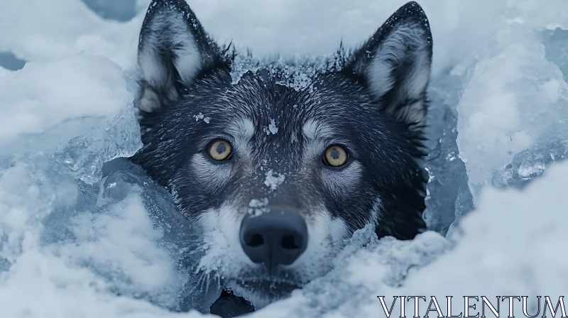 Icy Gaze: A Wolf's Winter Portrait AI Image