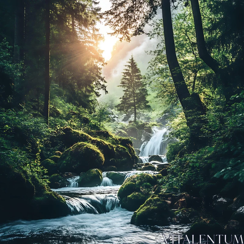 Tranquil Waterfall in Sunlit Forest AI Image