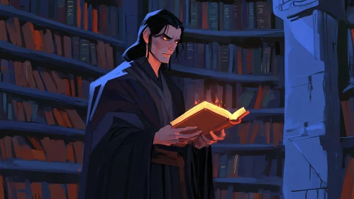 Man with Magical Book in Ancient Library