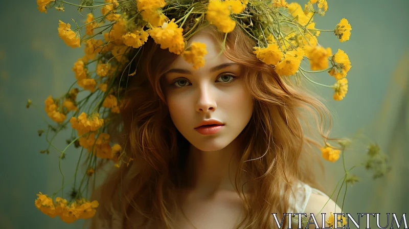 Ethereal Girl with Crown of Yellow Flowers - Photorealistic Oil Portrait AI Image