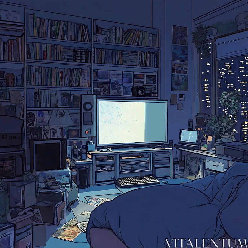 Dimly Lit Room with Television and City Lights AI Image