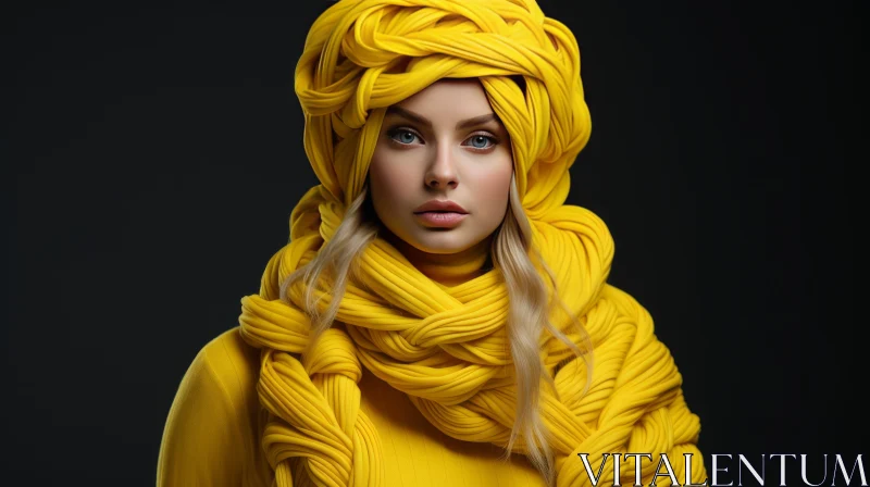 Fashionable Modern Woman Knitting a Scarf in Yellow Dress AI Image