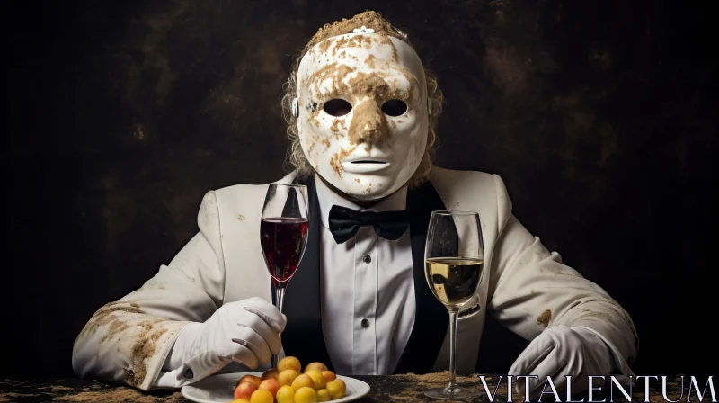 Macabre Surrealism: Masked Figure Amidst French Cuisine AI Image