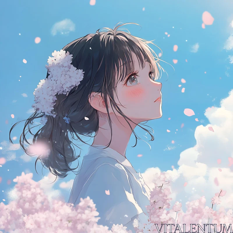 Spring Petals and Anime Girl in Blue Sky AI Image