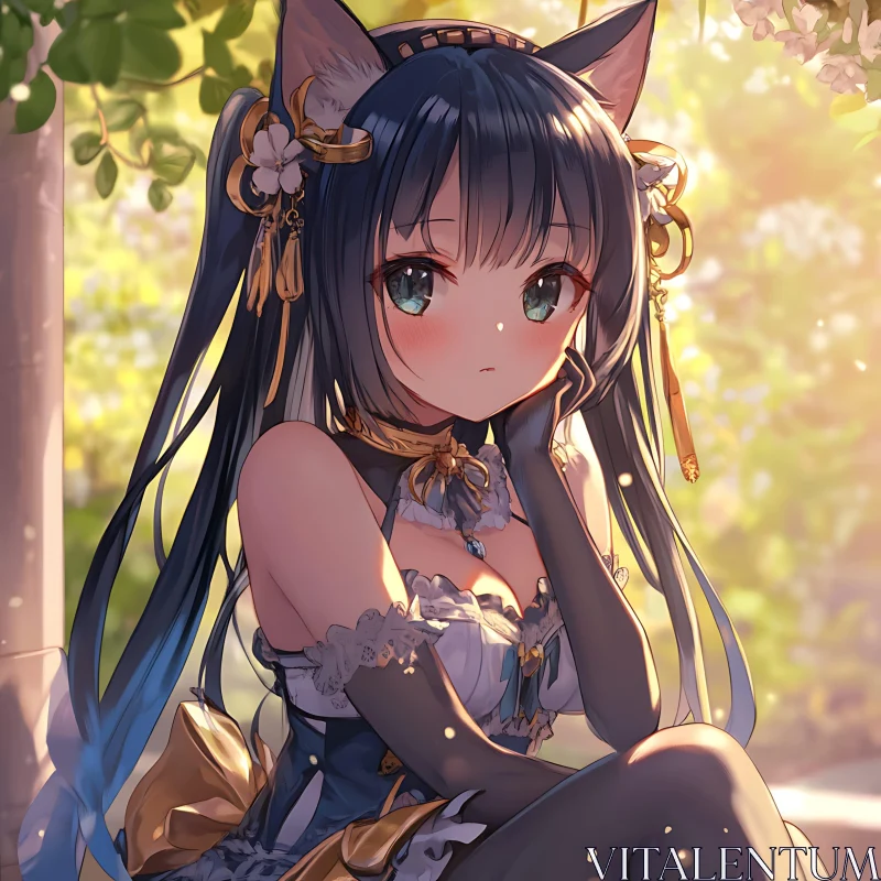 Anime Cat Ear Girl in Sunlight AI Image