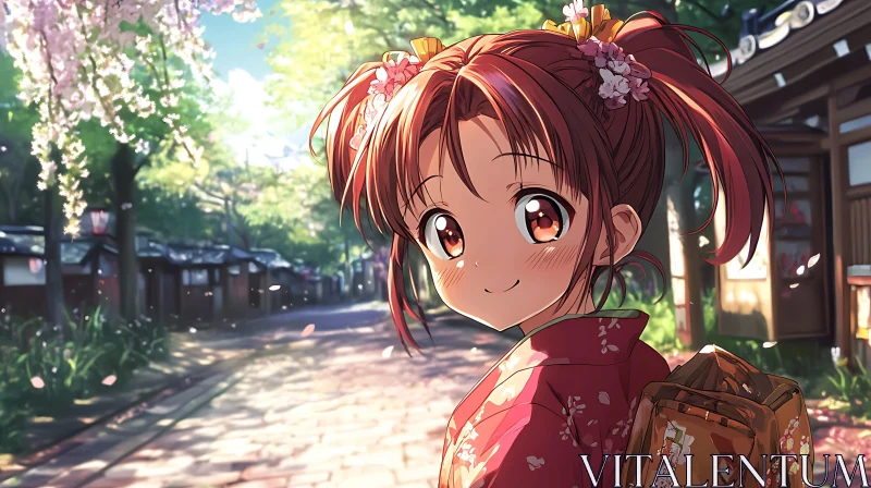 Anime Girl with Flowers in Hair on Serene Street AI Image