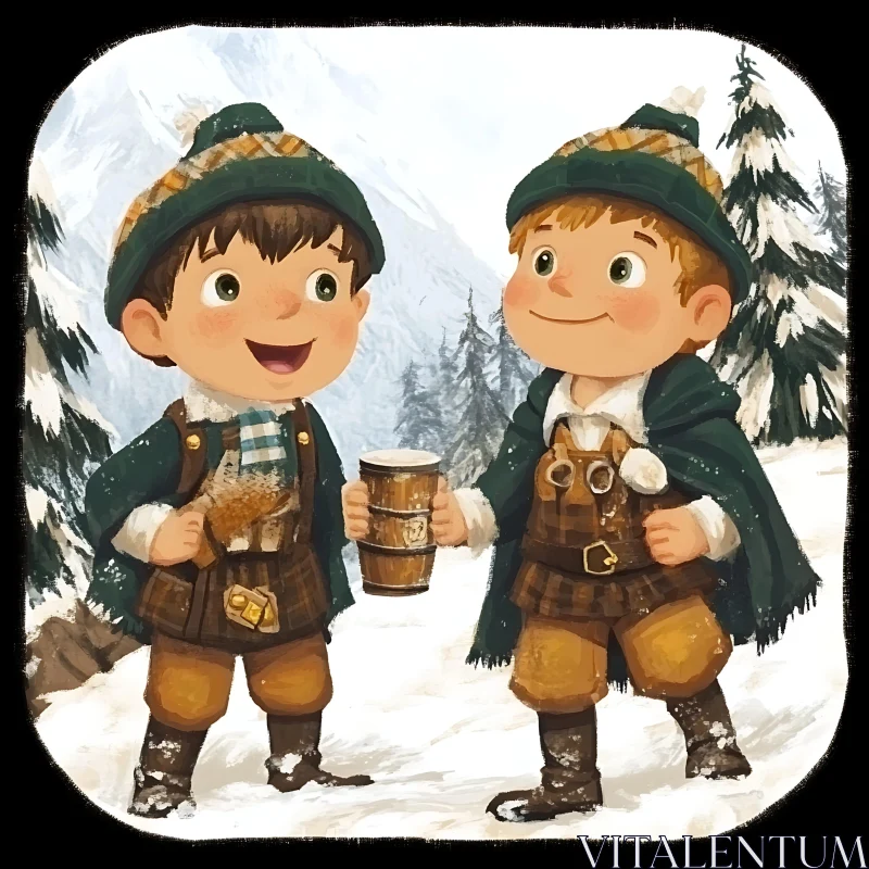 AI ART Boys in Winter Cartoon Illustration