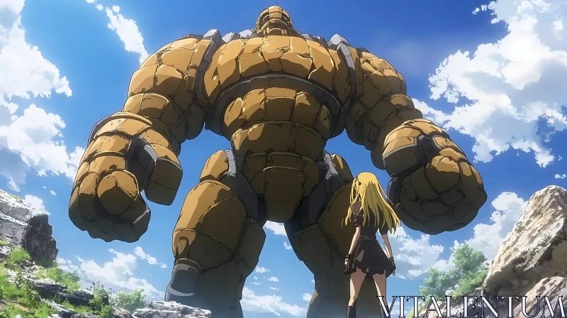 Fantasy Anime Encounter with Giant Golem AI Image