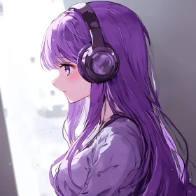 Purple-Haired Anime Girl Listening to Music