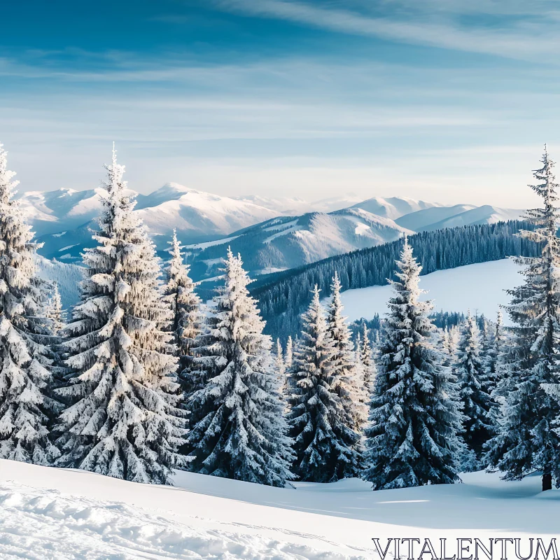 AI ART Winter Mountain Scenery with Snow-Covered Trees