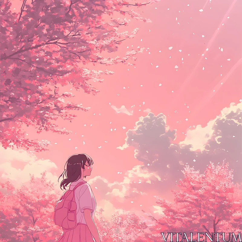 Anime Girl in Pink Sunset with Cherry Blossoms AI Image