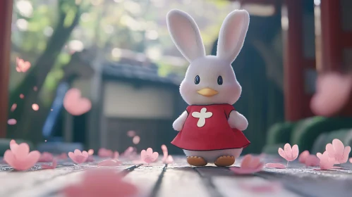 Bunny in Red Dress with Cherry Blossoms