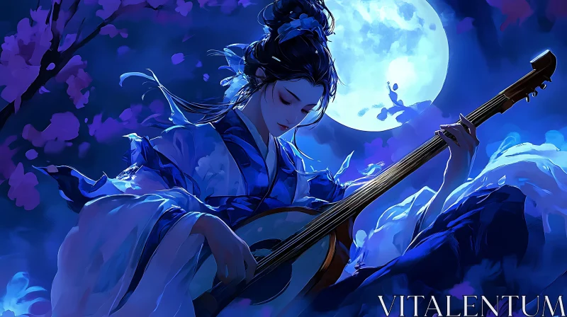 Anime Woman with Guitar Under Moonlight AI Image