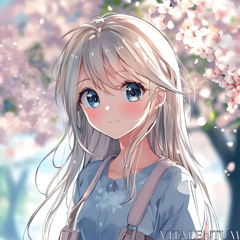 Anime Girl with Blue Eyes in Springtime Blossoms AI Image