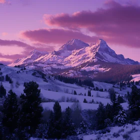 Winter Mountain Landscape with Pink Sky