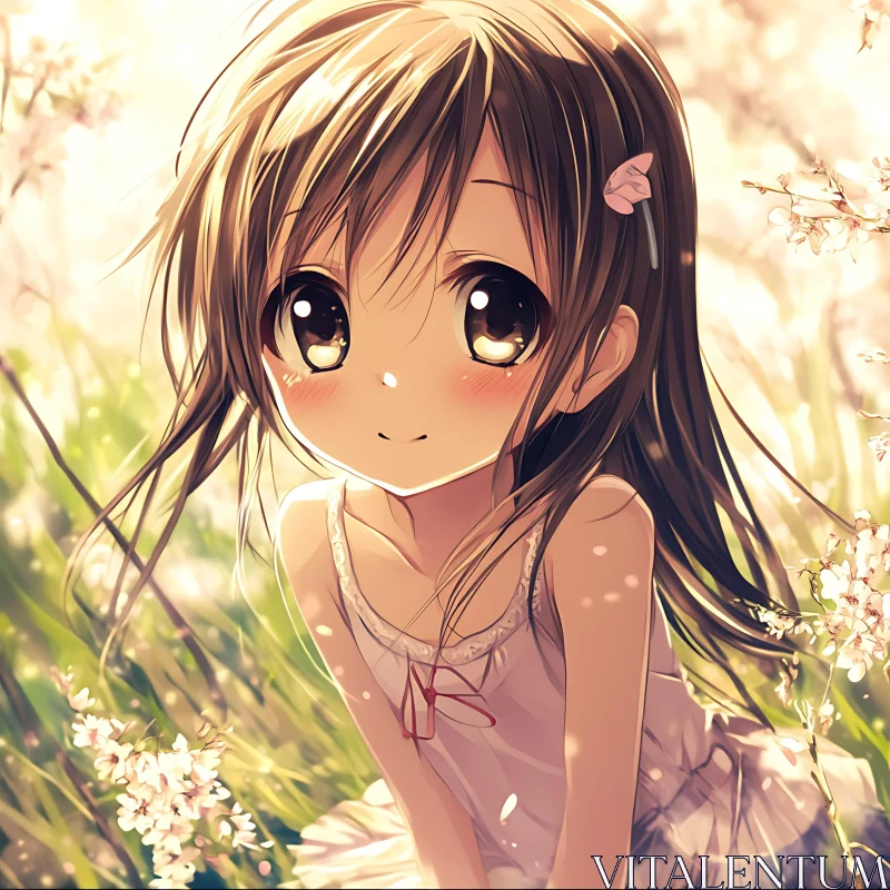 Sunlit Anime Girl Surrounded by Flowers AI Image