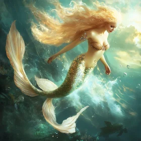 Golden Haired Mermaid in Ocean Depths