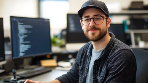 Man in Glasses at Computer Workstation