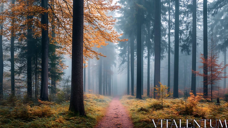 Foggy Forest with Autumn Leaves and Serene Path AI Image