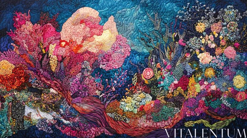 Abstract Embroidered Coral Reef Tapestry AI Image