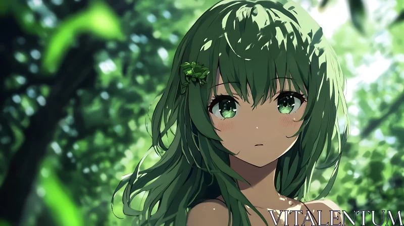 Forest Anime Girl with Green Hair AI Image