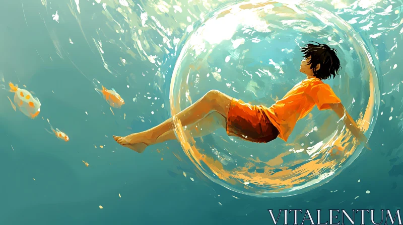 Fantasy Underwater Illustration of Boy in Bubble AI Image