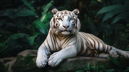 Serene White Tiger Resting on Rock