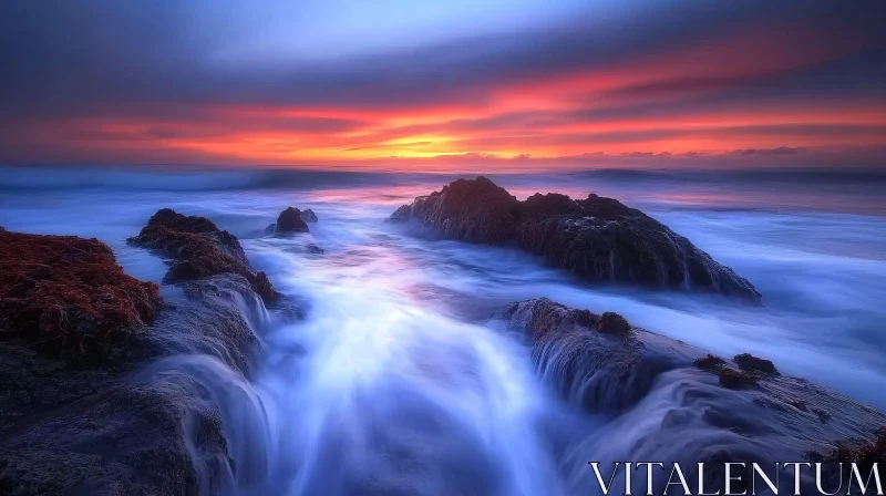 Sunset Over Rocky Coastline with Waves AI Image