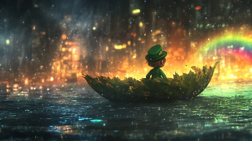 Enchanting Leprechaun on a Leaf Boat Journey