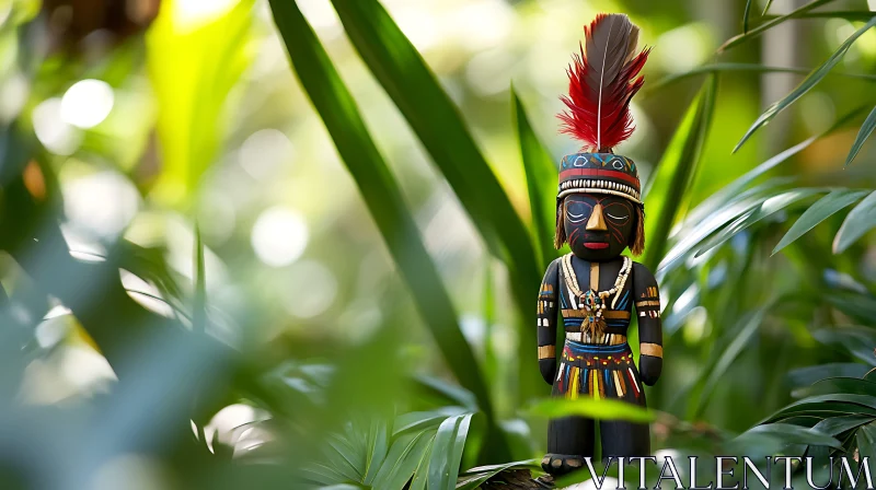 Wooden Tribal Statue in Lush Foliage AI Image