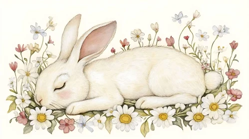 Sleeping Bunny with Flowers Illustration