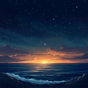 Ocean Sunset Under Starry Skies