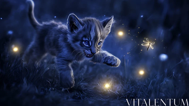 AI ART Kitten Hunting a Dragonfly at Night