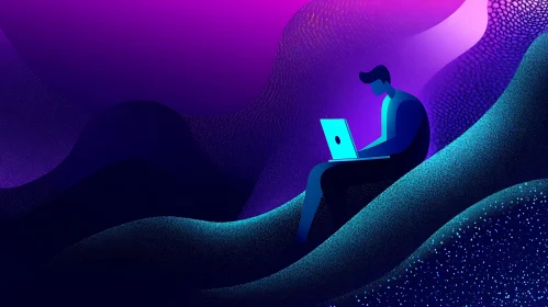 Stylized Tech Worker in Abstract Landscape