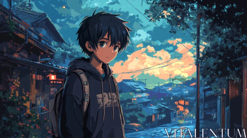 Pensive Boy in an Anime-Style Street Scene at Sunset AI Image