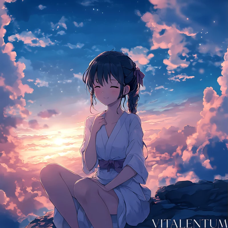 Peaceful Anime Girl at Sunset AI Image