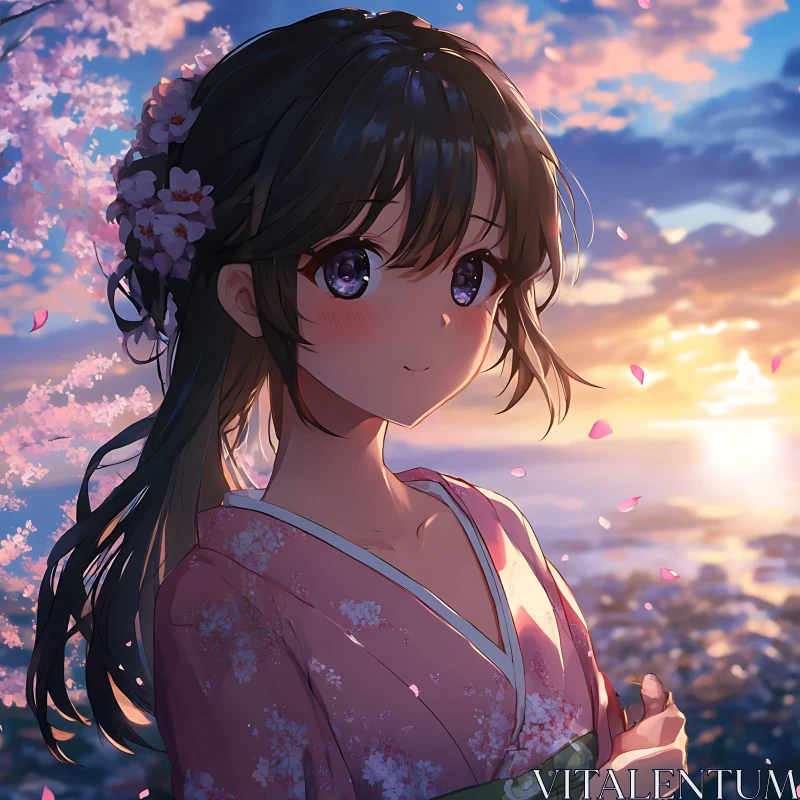 Serene Sunset with Anime Girl in Kimono AI Image