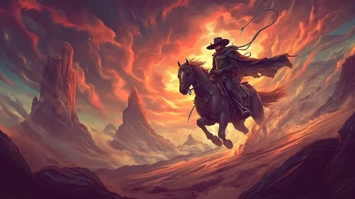 Western Rider in a Fiery Landscape