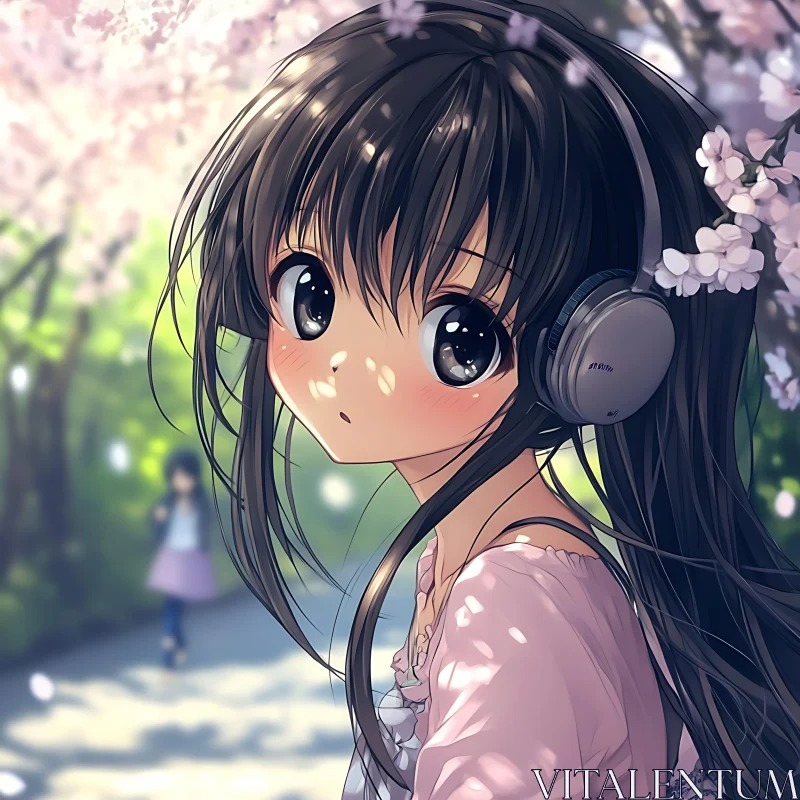 Anime Girl with Headphones Amidst Cherry Blossoms AI Image