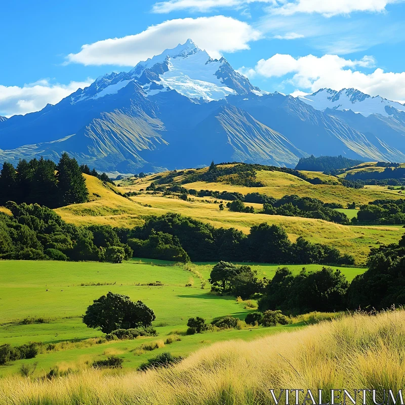 Snow-Capped Mountain Over Lush Green Valley AI Image