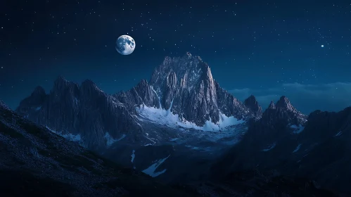 Serene Mountain Night with Moon and Stars