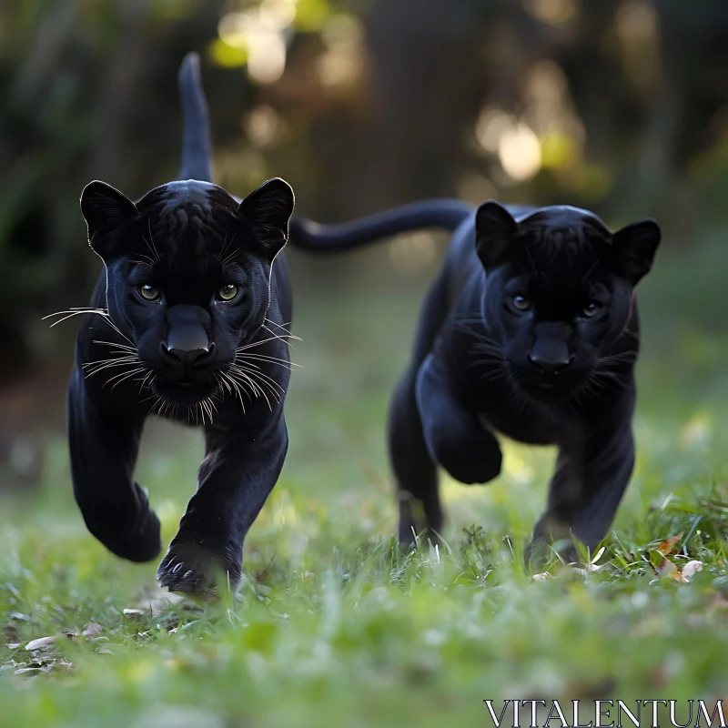 Two Panthers Running Through Grass AI Image