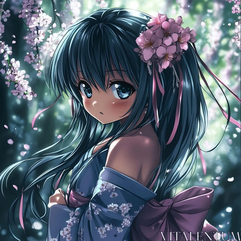 Springtime Anime Girl with Flowers AI Image