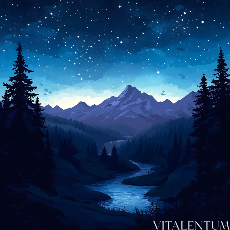 AI ART Starry Night Mountain River Scene