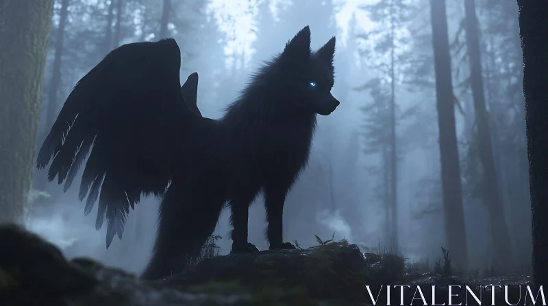 AI ART Mystical Winged Wolf in Dark Forest