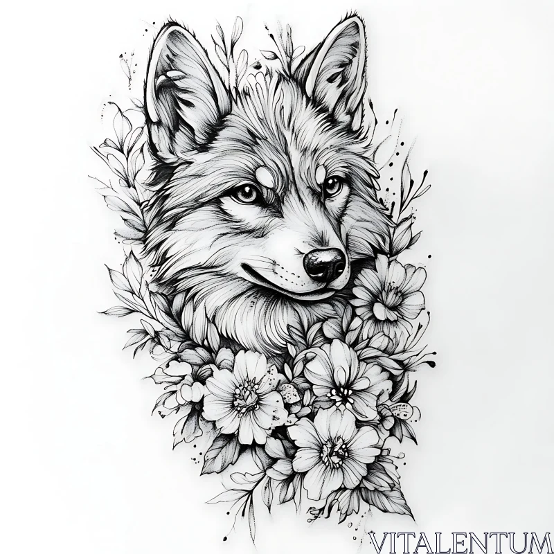 AI ART Wolf Head with Flowers Drawing